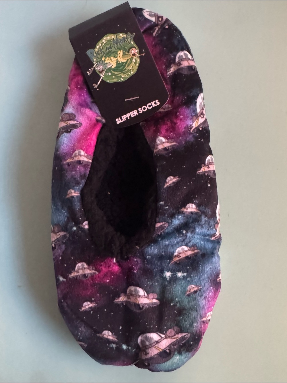 Rick and Morty Galaxy UFO Slipper Socks - Black/Purple/Blue with grippies New